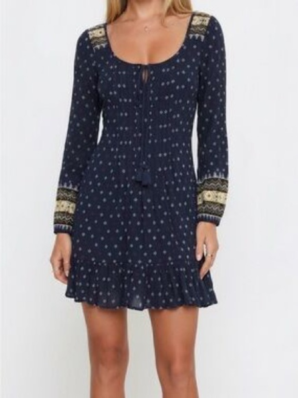 American Eagle Boho Navy Printed Tie-Neck Peasant Dress